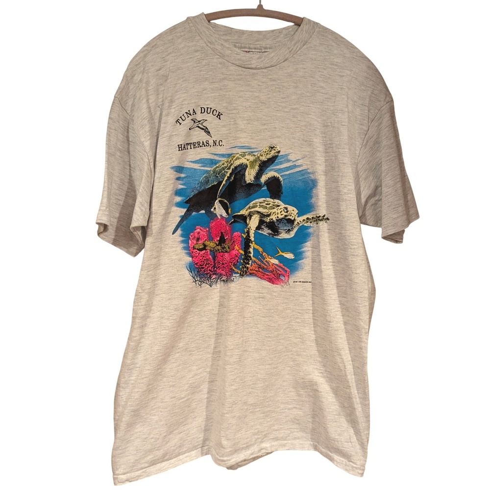 Hanes Beefy-T Shirt XL Grey Vintage 1991 Sea Turtle Tuna Duck Hatteras‎ NC 90s